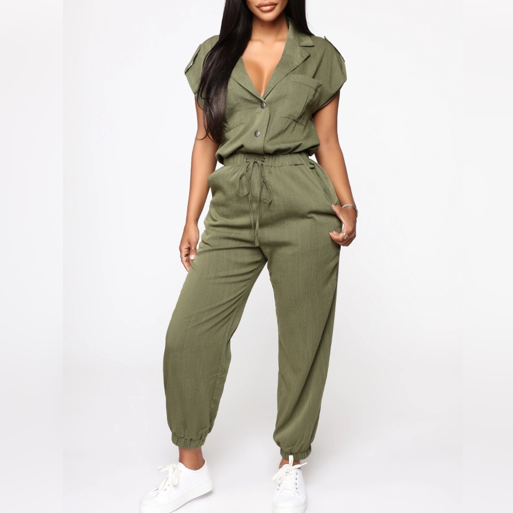 Olive Green Utility Drawstring Jumpsuit